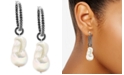 Macy's Cultured Freshwater Baroque Pearl (13-15mm) & Black Spinel (2-3/4 ct. t.w.) Dangle Hoop Earrings in Sterling Silver